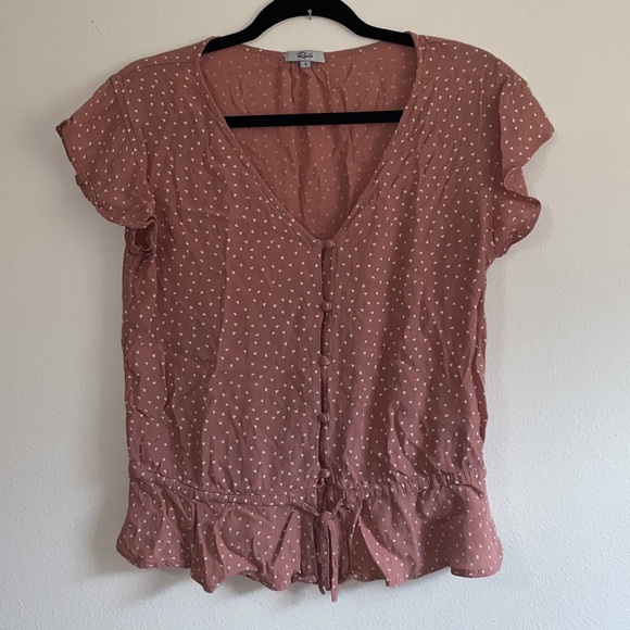 Rails Bretton Rosewood Mini Hearts Pink Button Ruffle Blouse Size Small - Picture 3 of 6